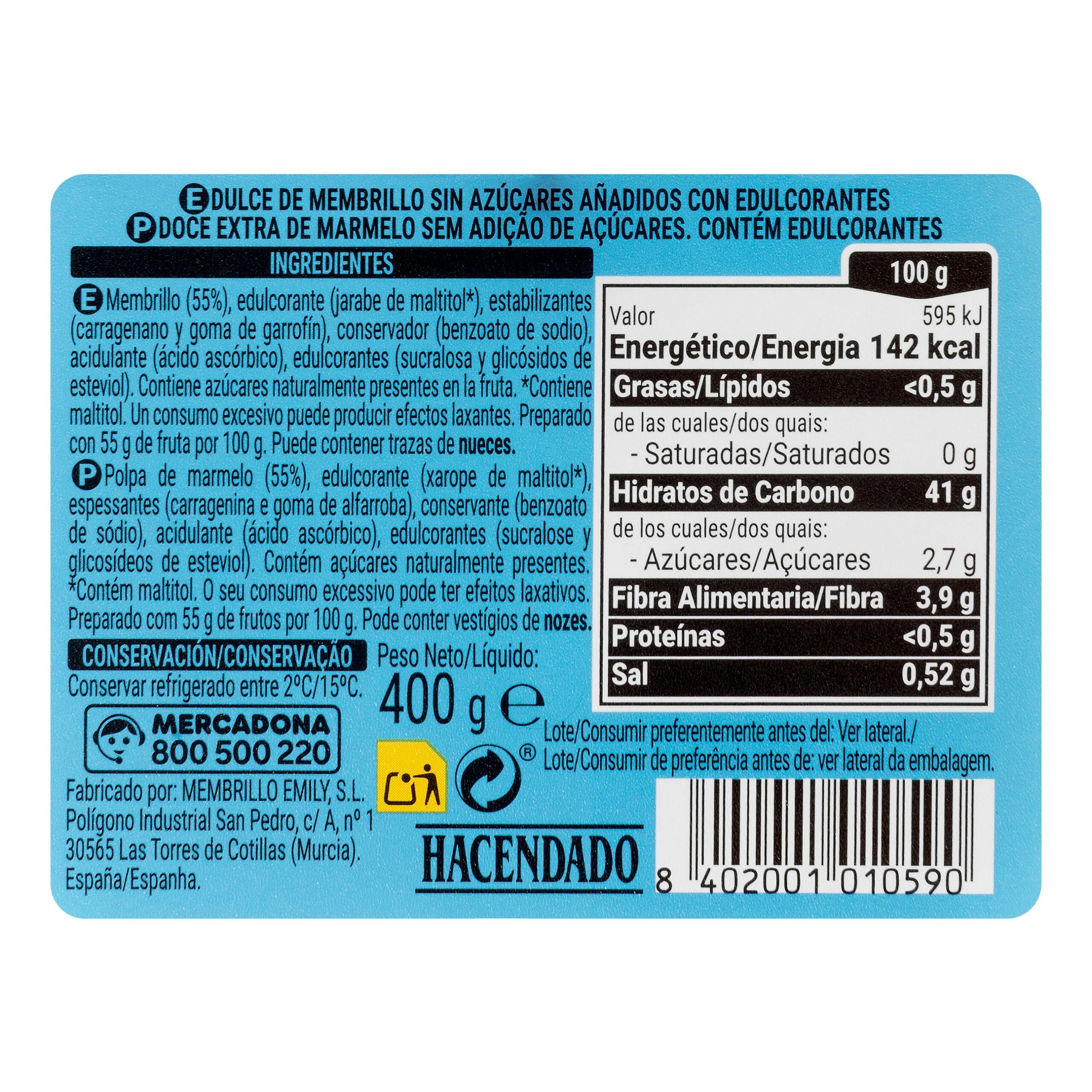 Etiqueta Dulce de membrillo Hacendado 0% azúcares añadidos
